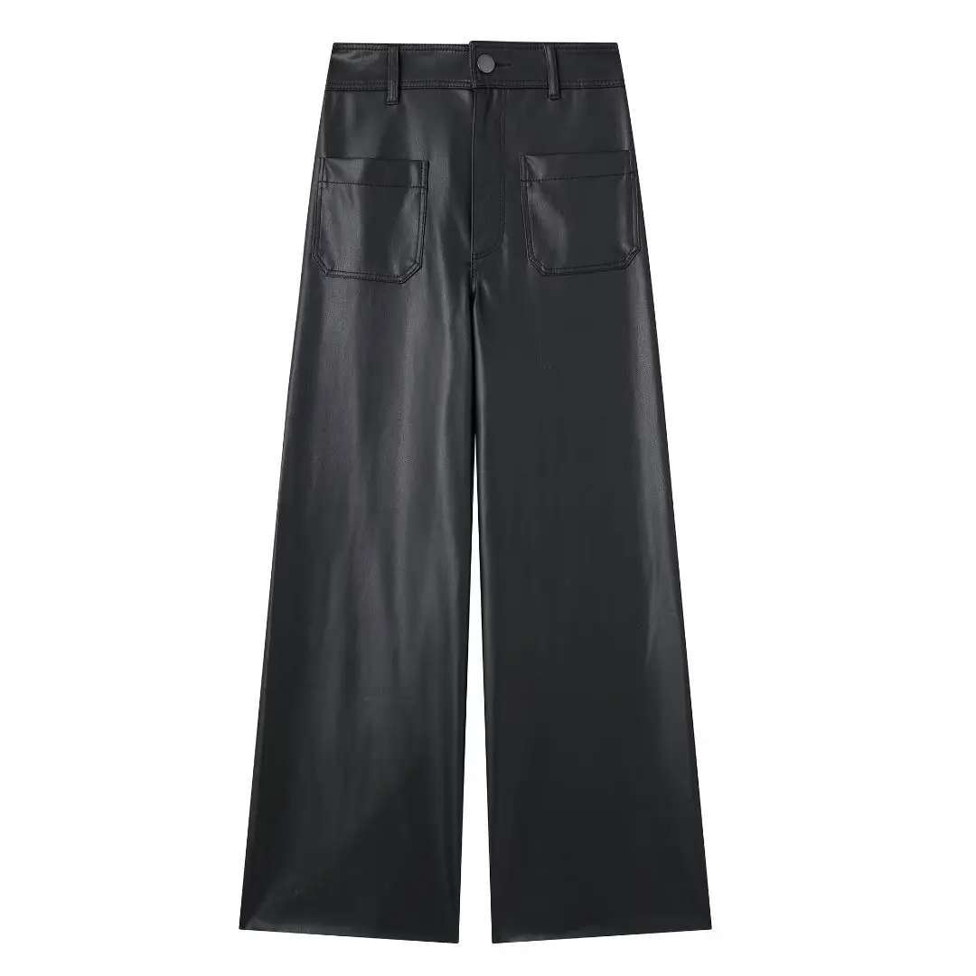 Women New Fashion Naval style Faux Leather Loose straight Pants Vintage High Waist Side Pockets Zipper Female Trousers Mujer
Women New Fashion Naval style Faux Leather Loose straight Pants Vintage High Waist Side Pockets Zipper Female Trousers Mujer
