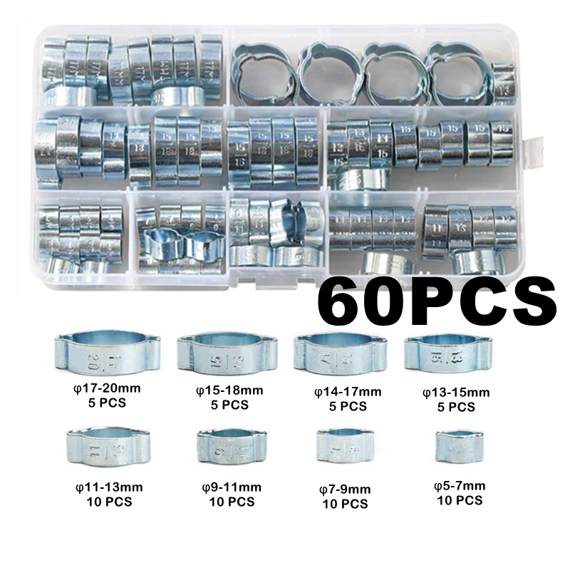 

60PCS Double Ear Hose Clamps Fuel Pipe Water Hose Clamp Zinc Plated 5-20mm Multi-size Assorted Kit Box-packed or Bag-packed