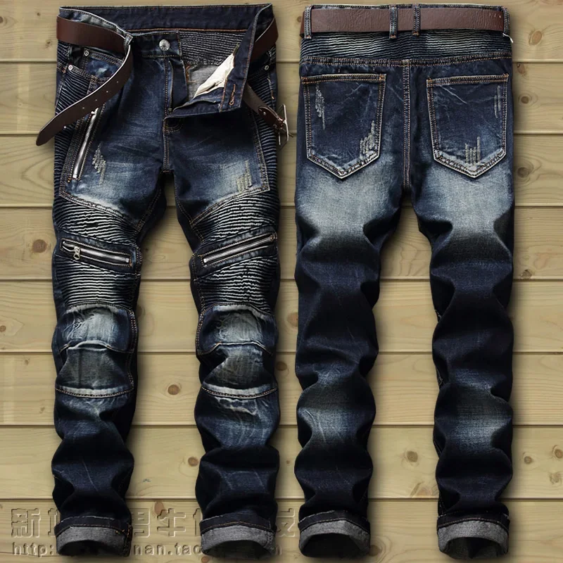 

Dropshipping Fashion New Biker Jeans Men's Distressed Stretch Ripped Hip Hop Slim Fit Holes Punk Denim Cotton Pants