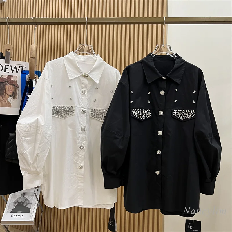 European Street Machine Embroidery Beaded Rhinestone Large Pocket Loose Lapels Long Sleeve Shirt Oversized Blouses Top for Women
European Street Machine Embroidery Beaded Rhinestone Large Pocket Loose Lapels Long Sleeve Shirt Oversized Blouses Top for Women