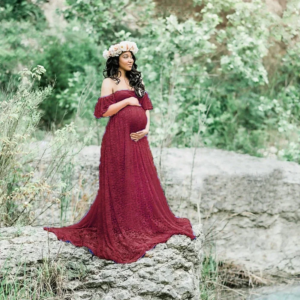 

Sexy Shoulderless Maternity Dresses For Photo Shoot Maxi Gown Split Side Women Pregnant Photography Props Long Pregnancy Dress
