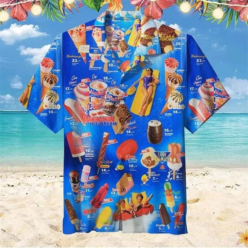 

Новые свободные Дышащие Модные крутые модные рубашки с 3D-принтом мороженого, пляжные женские топы, летние мужские рубашки с коротким рукавом, Мужской Топ