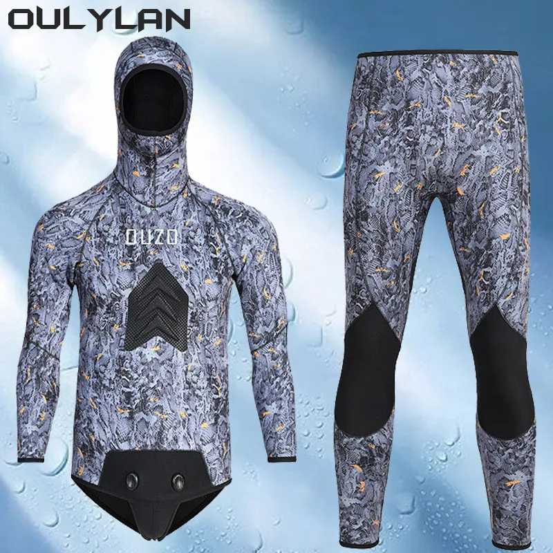 

Oulylan 2 Pieces Of Neoprene Submersible Men Keep Warm Scuba Diving Suit Camouflage Wetsuit 5MM Long Sleeve Fission Hooded