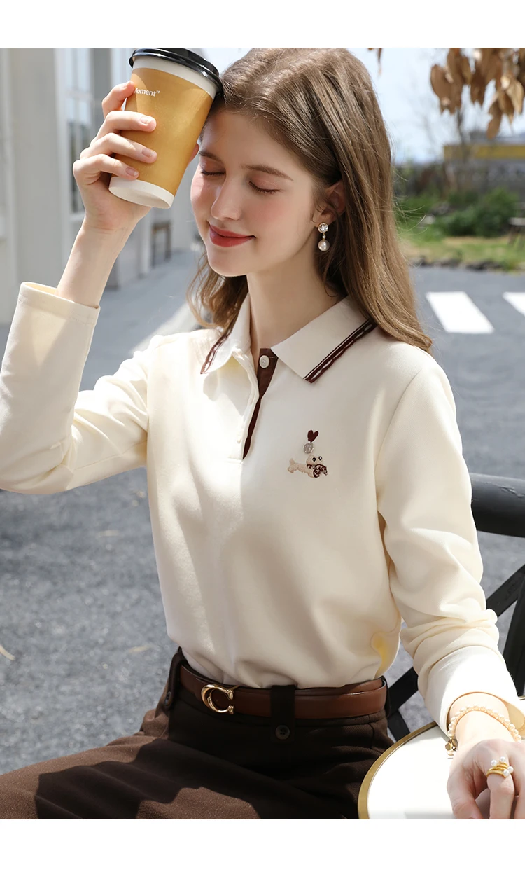 I BELIEVE YOU Polo Neck Long Sleeved T-shirt for Women Autumn 2025 Apricot Casual Tees Contrast Color Embroidery Top 2253016181 101 S26de996d061844058a46b7a78579eb2fu