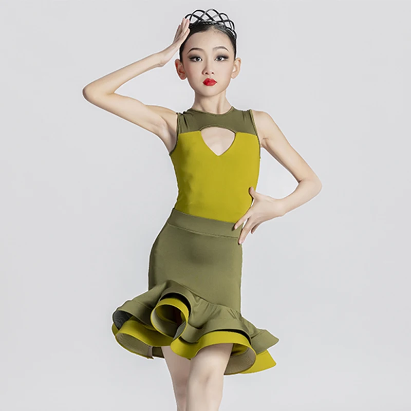 

Teen Girls Latin Dance Clothes Green Summer Rumba Tango Dancing Practice Wear Tops Skirt Dancer Outfit ChaCha Dancewear VDB5058