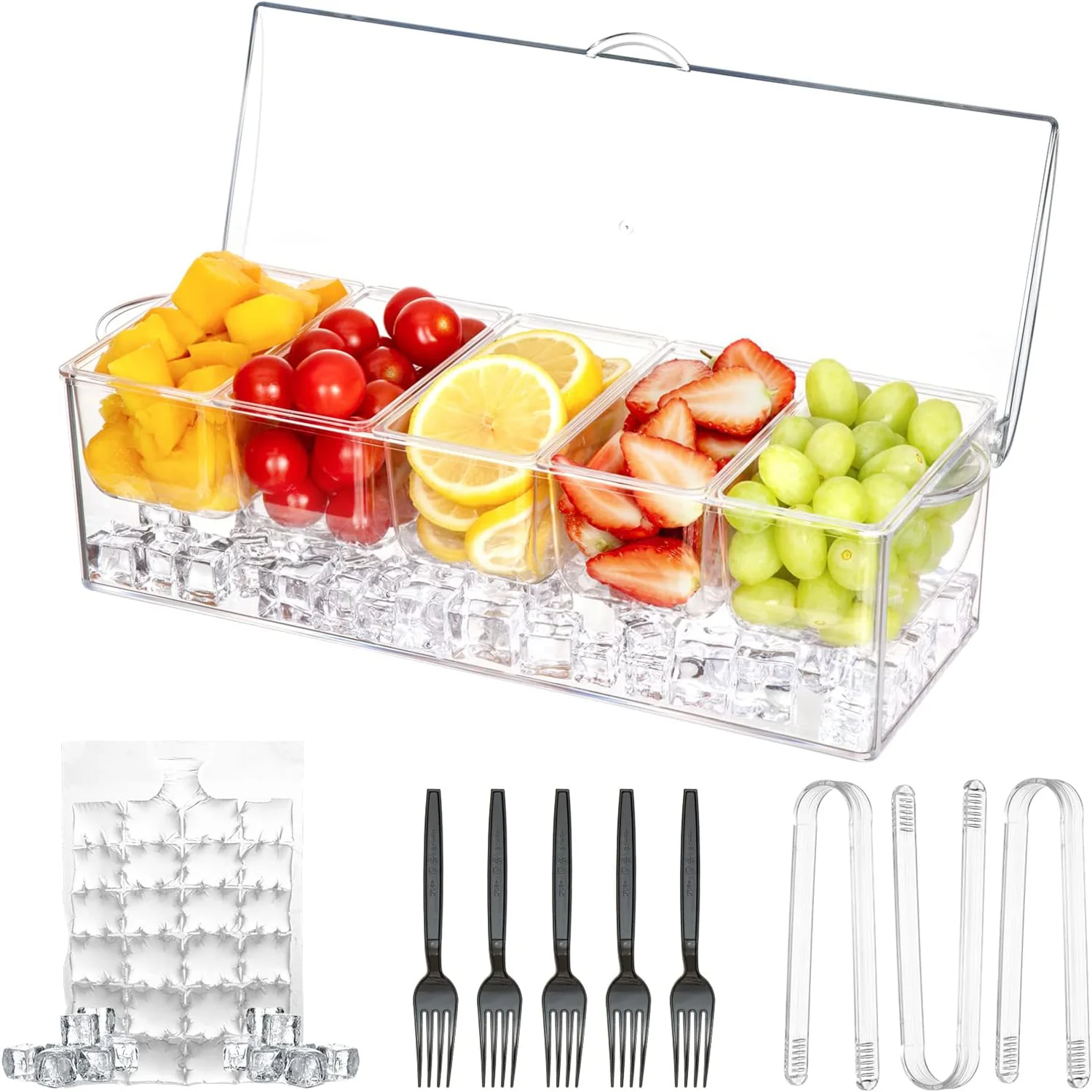 

Chilled Condiment Server Tray, Bar Fruit Caddy with Lid and 5 Removable Compartments, Clear Ice Condiment Serving Tray for Party