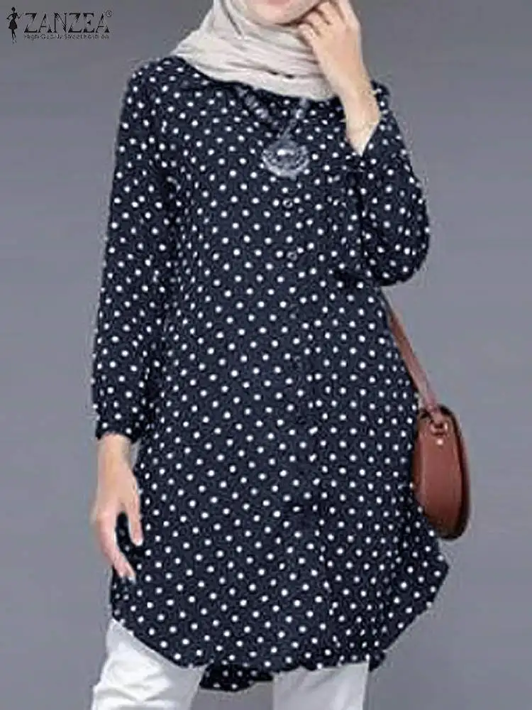 

ZANZEA Spring Polka Dots Printed Women Blouse Muslim Fashion Long Tops Casual Long Sleeve O-Neck Shirt Hijab Abaya Turkey Kaftan