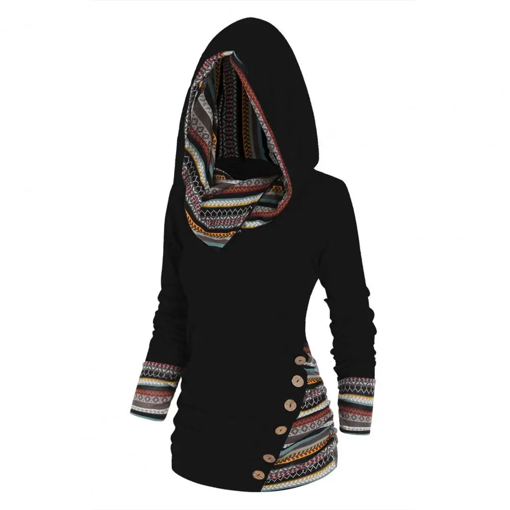 

Mid-length Stretchy Sweatshirt Geometric Stripe Splicing Print Hoodie Ethnic Style Women's Mid-length for Autumn/winter