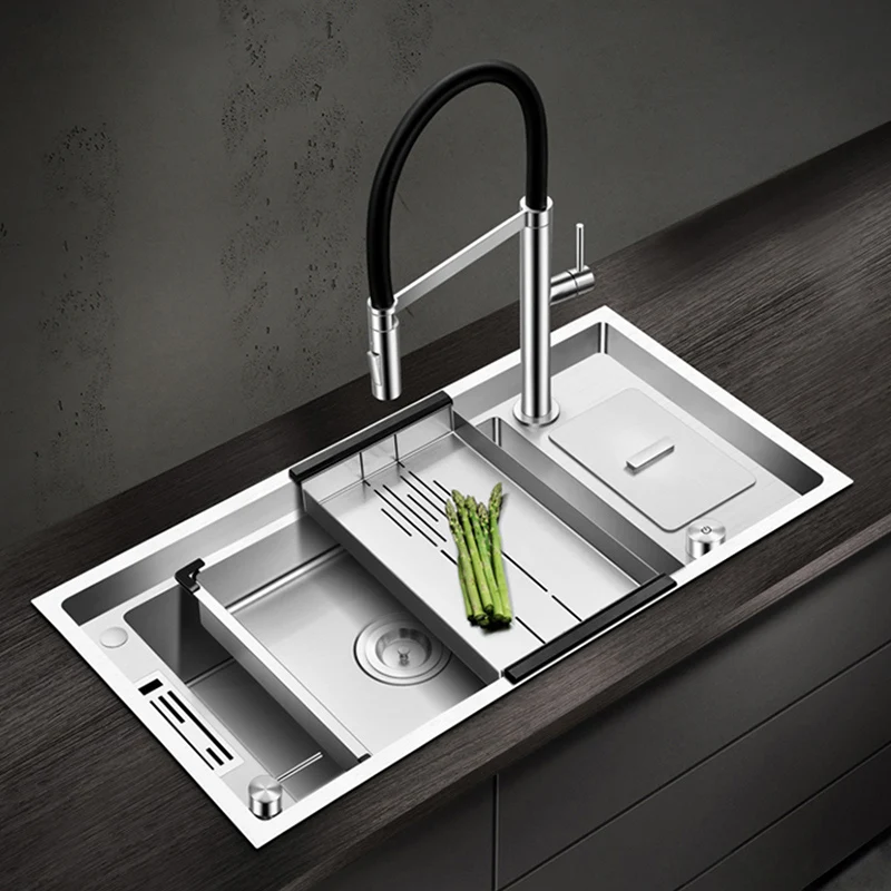 

ASRAS Large Size Kitchen Sink SUS 304 Stainless Steel 4mm Thickness Handmade Brushed 4 Hole Single Sinks With Trash Can
