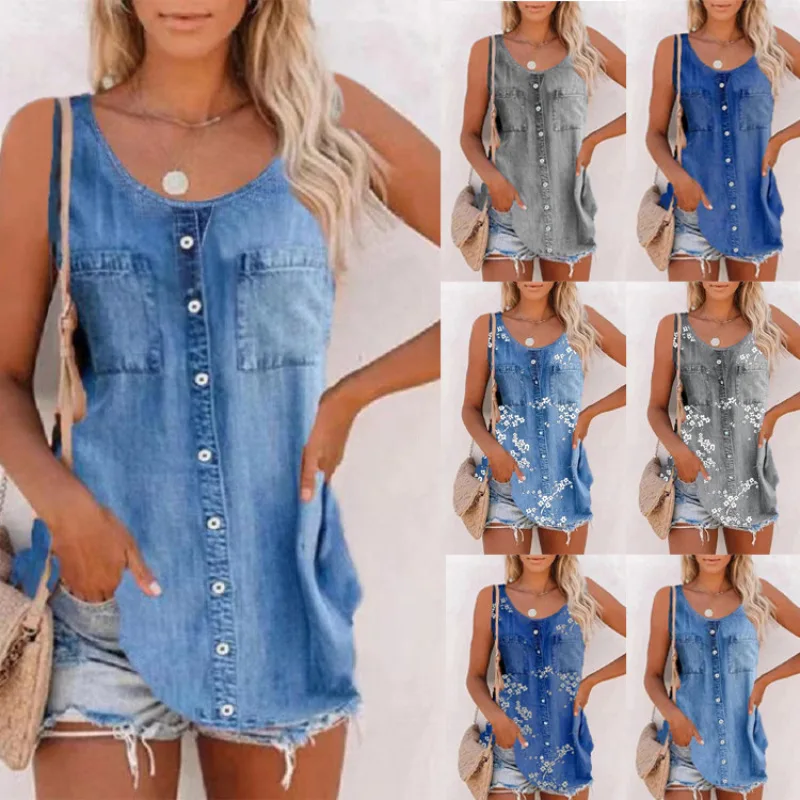 Women's Summer New Fashion Imitation Denim Vest Casual Streetwear Printed Sleeveless Round Neck Pullover Tank Top Elegant Female
Women's Summer New Fashion Imitation Denim Vest Casual Streetwear Printed Sleeveless Round Neck Pullover Tank Top Elegant Female