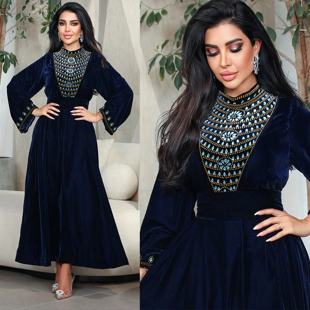 

Blue Velvet Belted Dress Diamonds Beading Gown Abaya Dubai Muslim Robe For Women Kaftan Round Neck Evening Party Long Djellaba