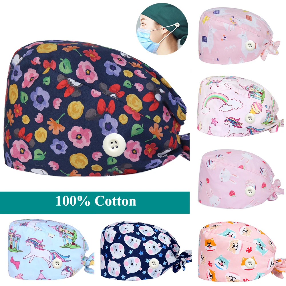 

Flower Scrub Caps Medical Surgical Hat Nurse Accessories Women Men 100% Cotton Quality Inner Sweatband Nursing Cap M625