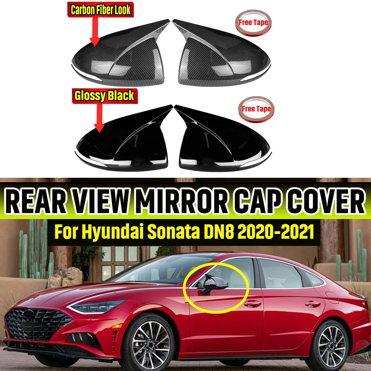 

Glossy Black/Carbon Look Car Rearview Mirror Cover Cap For Hyundai Sonata DN8 2020 2021 2022 Side Door Mirror Shell Case Add-on
