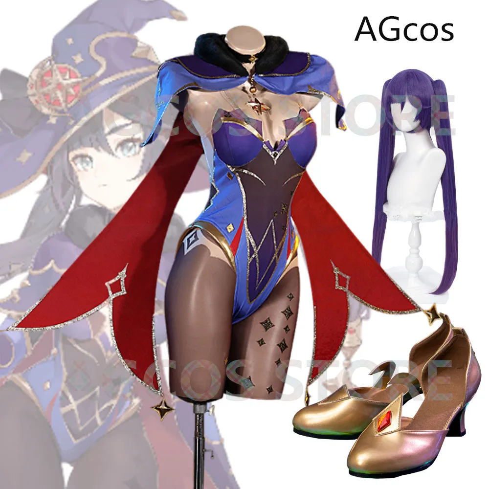 

AGCOS Game Genshin Impact Mona Full Sets Cosplay Costume Woman Sexy Dress Christmas Costumes + Shoes + Wig