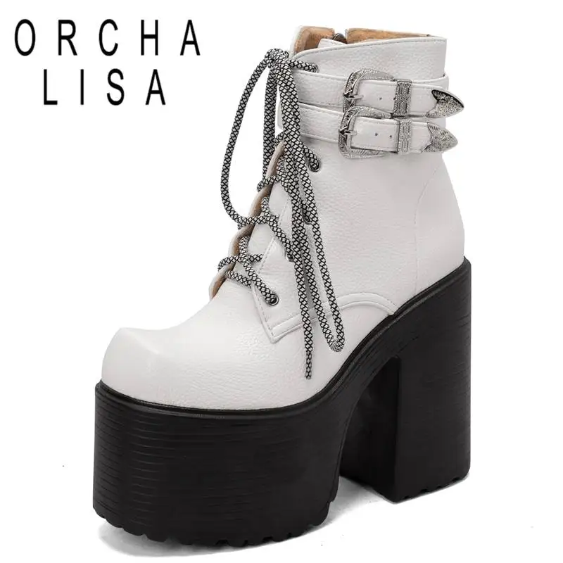 

ORCHA LISA Gothic Boots Females Square Toe Block High Heel 14cm Platform Hill 7.5cm Zipper Lace Up Buckle Punk Ankle Booty Green