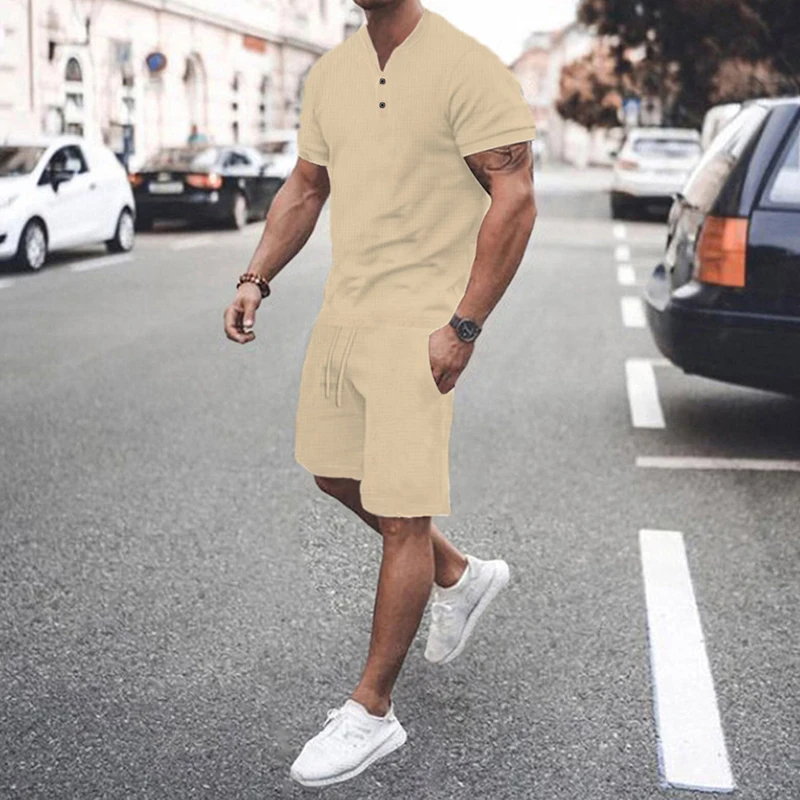 2023 Summer Casual Clothes Mens Solid Color Two Piece Suits Short Sleeve Buttoned V Neck T Shirt And Shorts Sets Men Streetwear
2023 Summer Casual Clothes Mens Solid Color Two Piece Suits Short Sleeve Buttoned V Neck T Shirt And Shorts Sets Men Streetwear