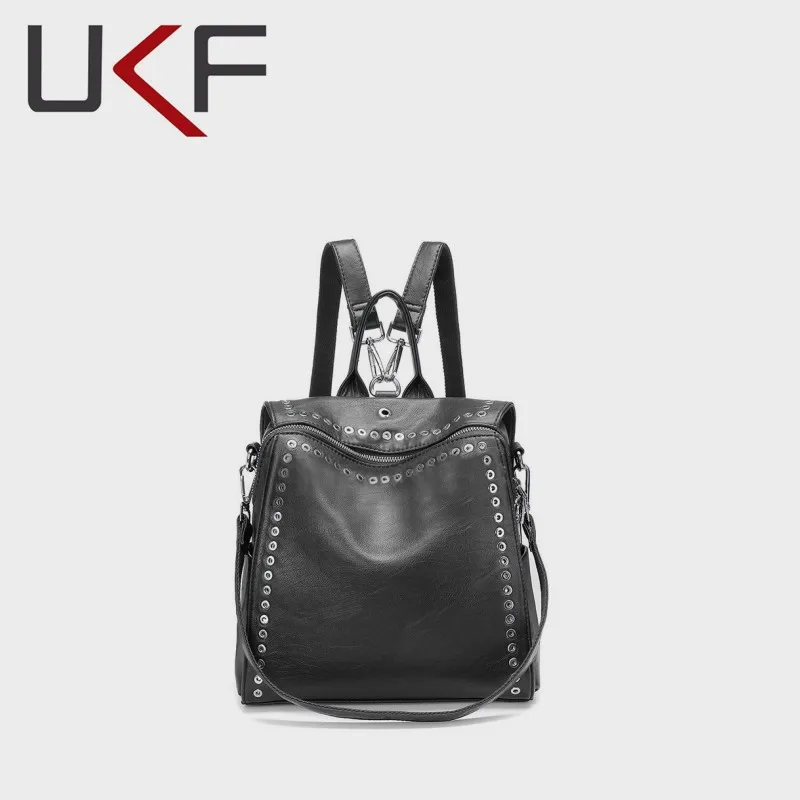 

UKF Luxury Women Backpack Leather Personality Rivet Backpack Shoulder Bags for Women Anti-theft Travel Bag Teenage Girls Mochila
