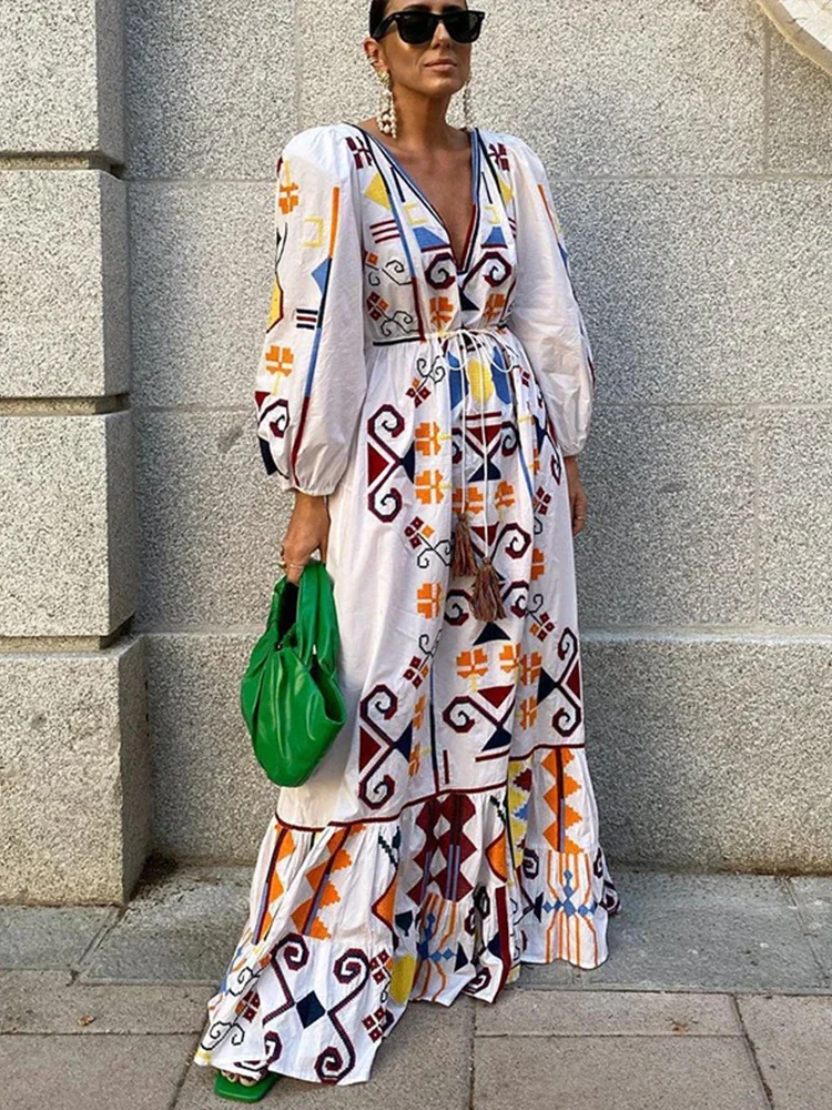 

Женское длинное платье с принтом, свободное Плиссированное Платье с V-образным вырезом и рукавами-фонариками, со шнуровкой и бахромой, весна-лето 2024