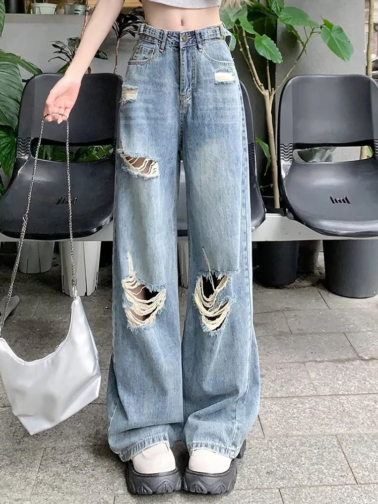 

Summer New Woman American Style Loose Retro High Waist Casual Wide Leg Pants Female High Street Washed Ripped Straight Leg Jeans