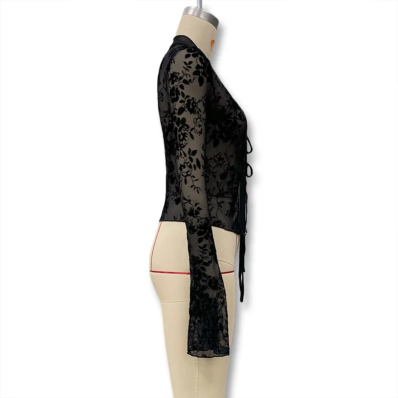 Sexy Lace Long Sleeve T-shirt V-neck Floral Print Mesh See Through Crop Top Autumn Fashion Flare Sleeve Slim Base Layer Shirt Sexy Lace Long Sleeve T-shirt V-neck Floral Print Mesh See Through Crop Top Autumn Fashion Flare Sleeve Slim Base Layer Shirt