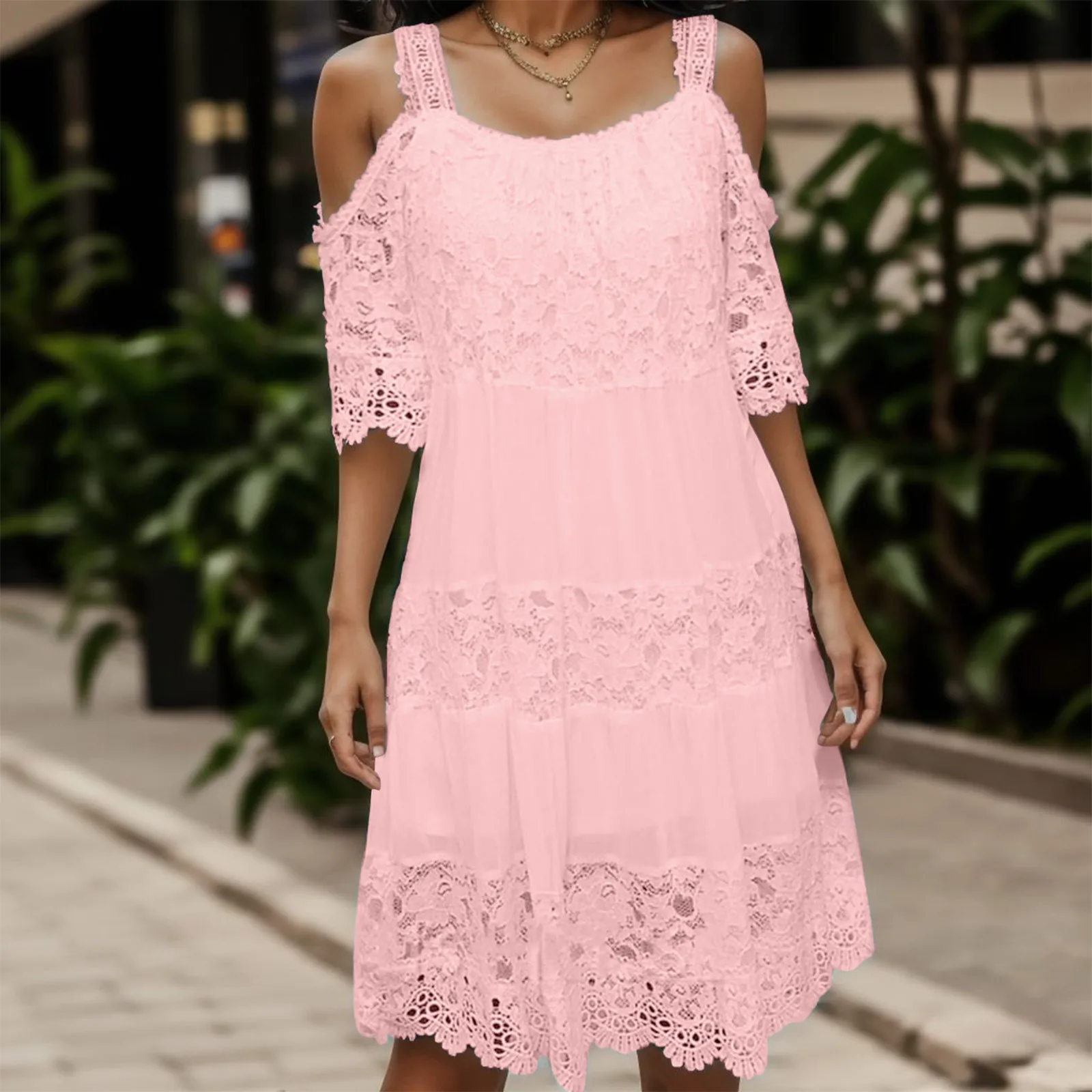 Women Smooth Lace Chiffon Dress Casual Strap Lace Cut Out Midi Dress Elegant Off Shoulder Summer Dress Women 2023
Women Smooth Lace Chiffon Dress Casual Strap Lace Cut Out Midi Dress Elegant Off Shoulder Summer Dress Women 2023