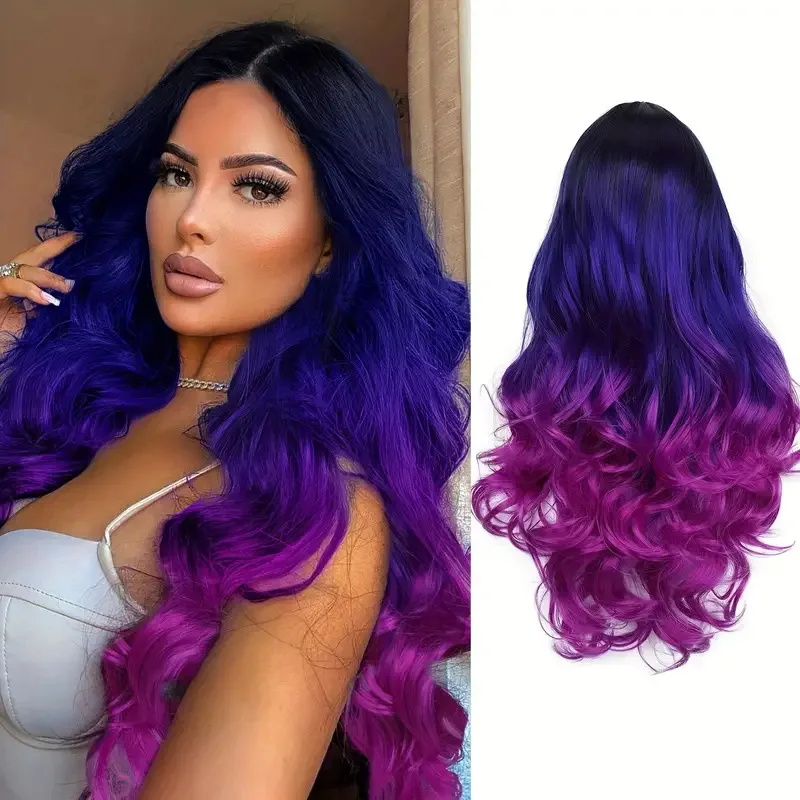 

Long Wavy Wig Black To Blue To Purple Hair Long Curly Ombre Color Hair Wigs Rainbow Wigs Middle Part Wavy Synthetic Wigs
