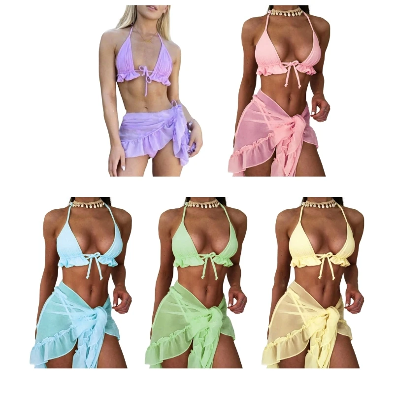 

2024 New Womens Split Swimsuit Swim Skirt Sets 3-Pieces Strappy Swimming Suit Wrap High Cut Beachwear Halter String Bikinis Set