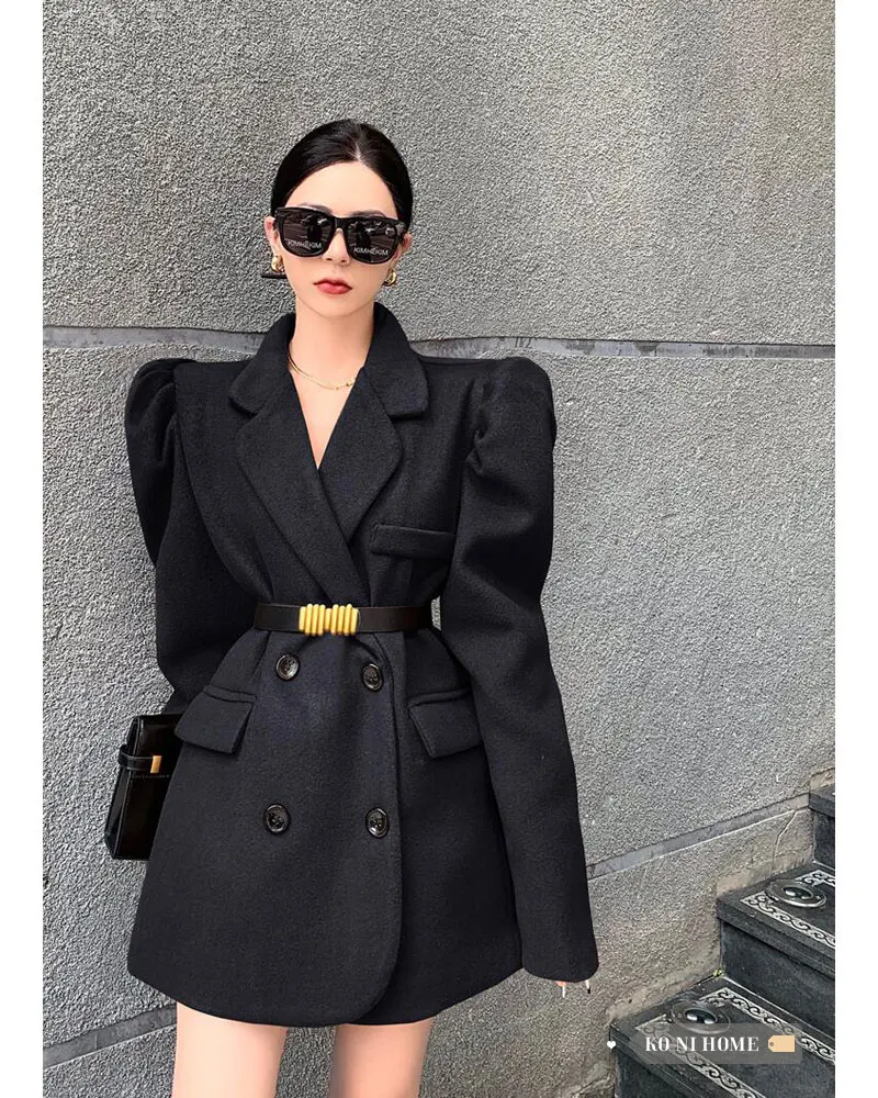 

UNXX Woolen Coat Women's French Style Lady Style Suit Collar Puff Long Sleeve Autumn Fashion New Commuter Style Top High Quality