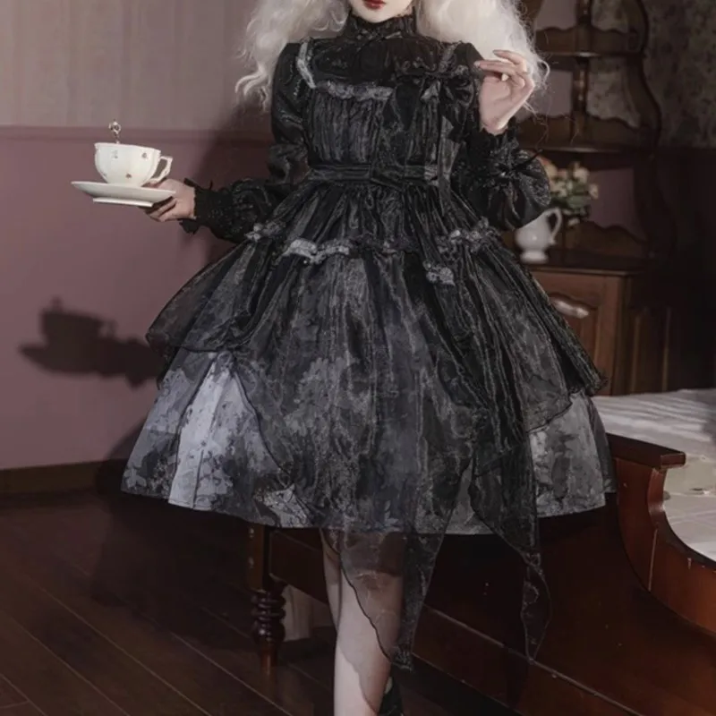 

Lolita Dark Gothic Style High Waist Mesh Black Long Sleeve Pettiskirt Dress Suit Skirt