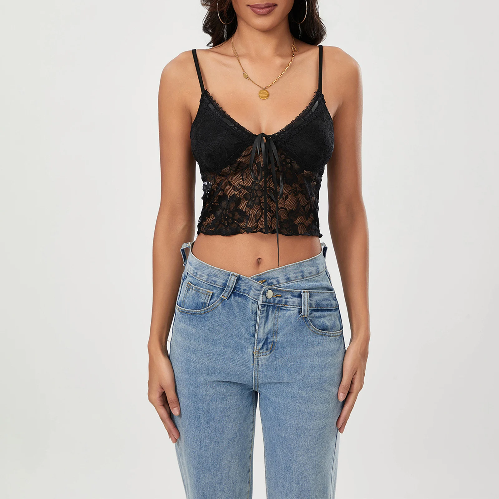 

Women's Lace Slim Cami Tops Sexy Tie Front Spaghetti Strap Vest Show Navel Cropped Mesh Camisole Clubwear