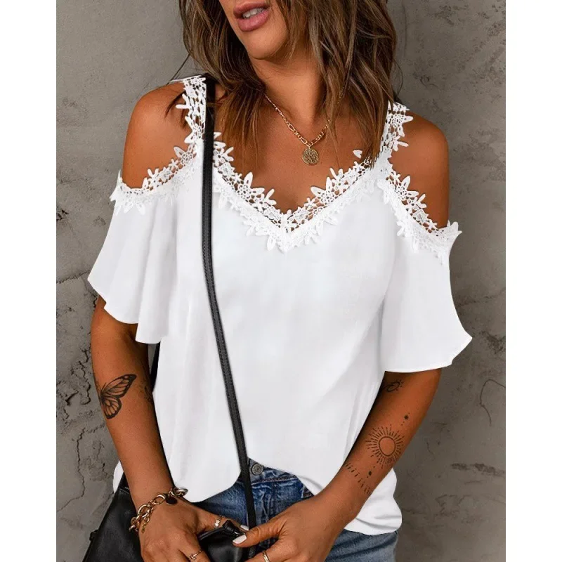 2024 Summer Women's T Shirt White Lace Short Sleeve Off Shoulder Loose Casual Top Femme V-neck Black T-shirts Tees
2024 Summer Women's T Shirt White Lace Short Sleeve Off Shoulder Loose Casual Top Femme V-neck Black T-shirts Tees