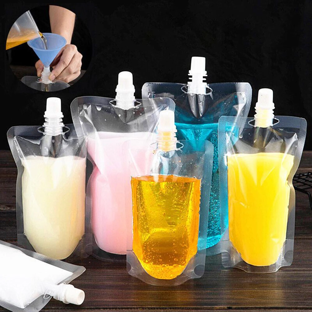 

10pcs 100-500ml Transparent Drinking Liquid Packaging Nozzle Bags Clear Juice Beverage Milk Sealed Storage Reusable Pouch
