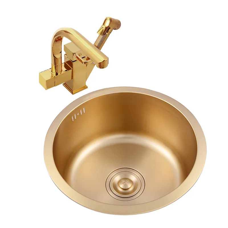 

Brushed gold kitchen basin round single bowl stainless steel kitchen sink gold sink above counter or undermount