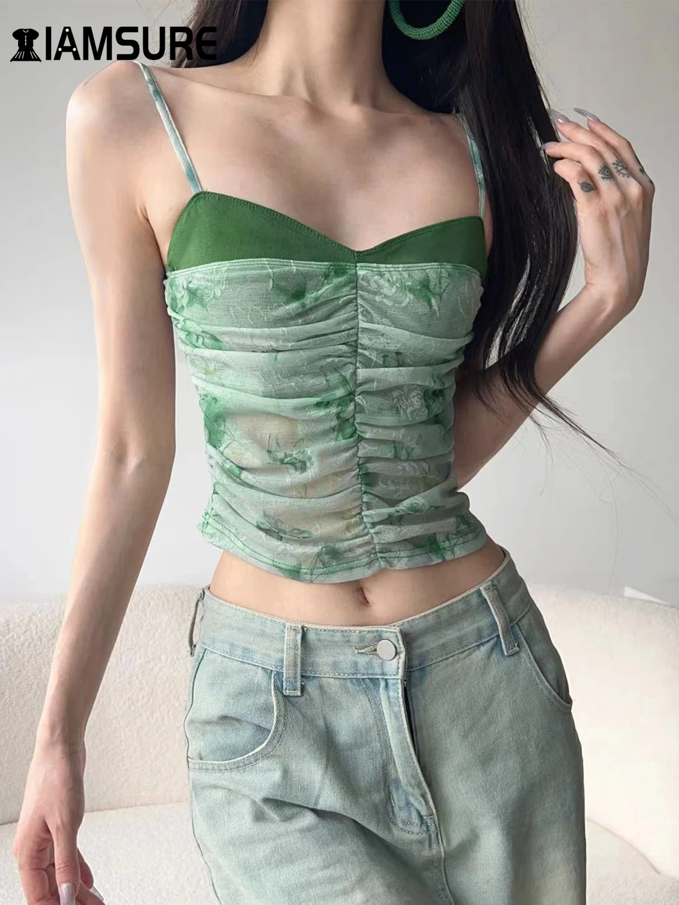 

IAMSURE Casual Patchwork Folds Camis Top See Through Vintage Slim Slash Neck Sleeveless Crop Tops Women 2024 Summer Fashion Lady