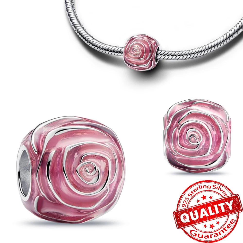 

Beautiful 925 Sterling Silver Pink Enamel Rose in Bloom Charm Fit Pandora Bracelet & Necklace Romantic Valentine's Day Gift