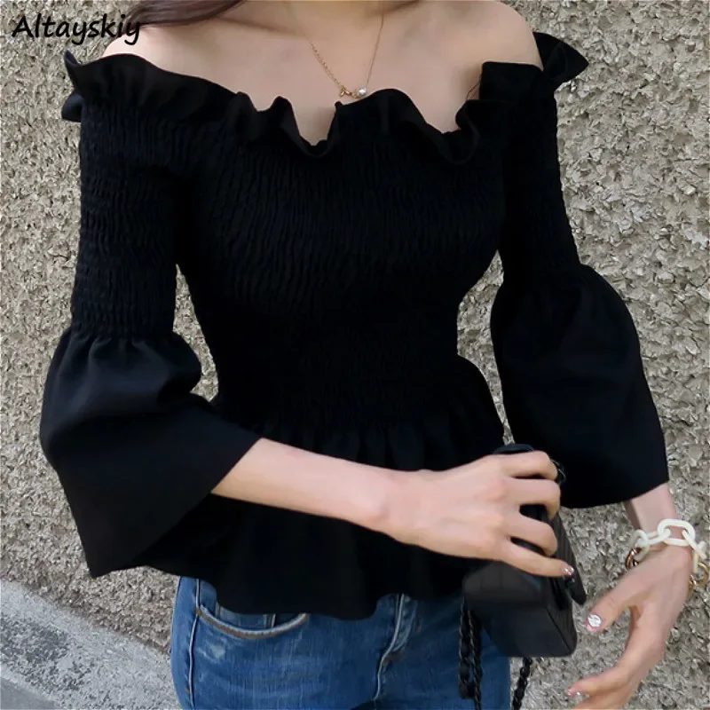 Blouses Women Stretch Vintage Slash Neck Ulzzang Sexy Flare Sleeve Summer Elegant Ladies Top Slim Ruffles All-match Solid Blusas
Blouses Women Stretch Vintage Slash Neck Ulzzang Sexy Flare Sleeve Summer Elegant Ladies Top Slim Ruffles All-match Solid Blusas