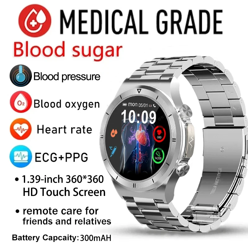 

2023 New Noninvasive Blood Sugar Health Smart Watch Men ECG+PPG Heart Rate Blood Oxygen Monitor IP68 Waterproof Sport Smartwatch