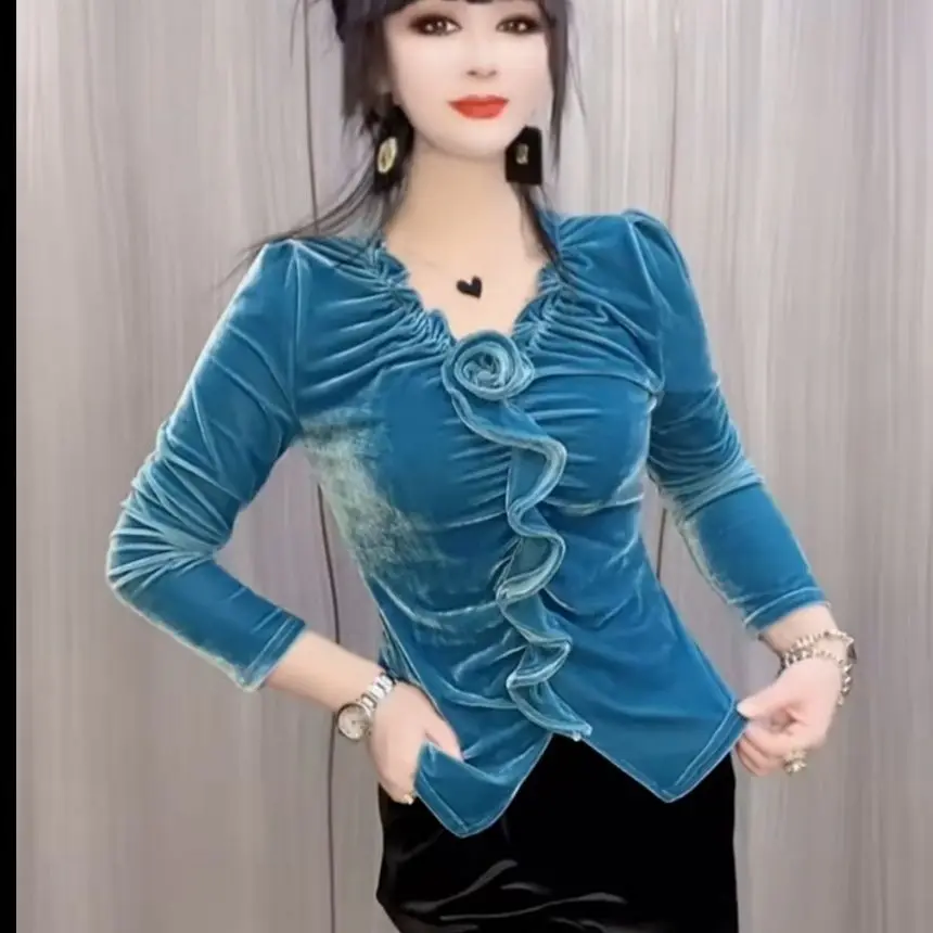 Autumn Fashion Solid Slim Fit Top Women Casual V-collar Shirring Appliques Long Sleeve Loose Pullover T-shirt T822
Autumn Fashion Solid Slim Fit Top Women Casual V-collar Shirring Appliques Long Sleeve Loose Pullover T-shirt T822