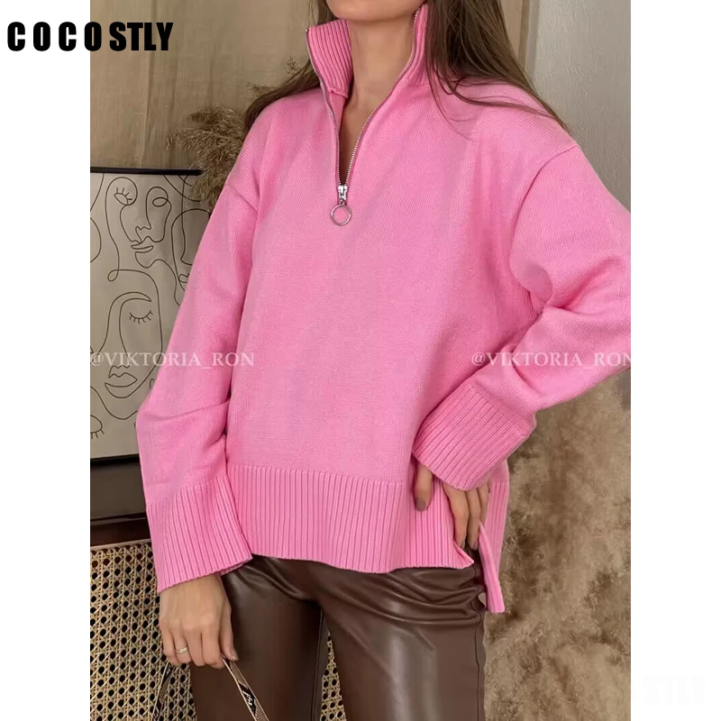 

Cocostly 2023 Women Fashion Loose Striped Asymmetry Knit Sweaters Vintage Long Sleeve Zip-up Female Pullovers Chic Tops Jumper