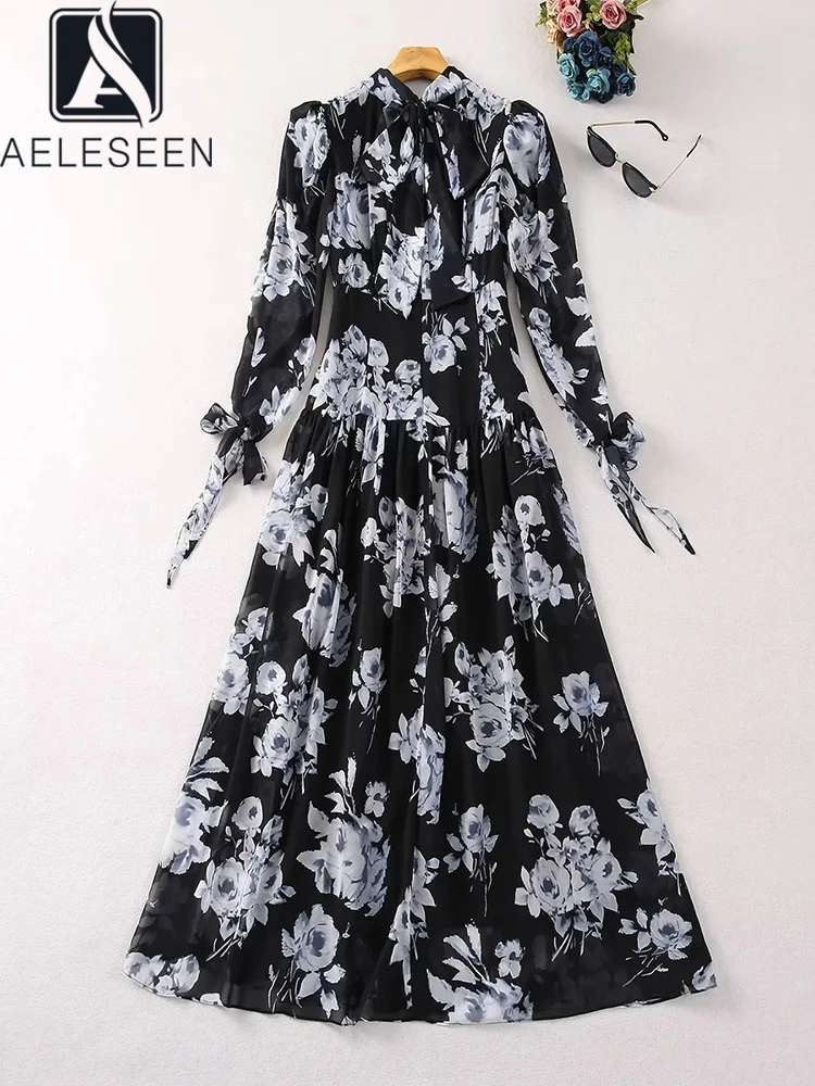 

AELESEEN Spring Summer Long Dress Women Design Fashion Bow Flower Print Vintage Black Ethnic Retro Chiffon Party Holiday