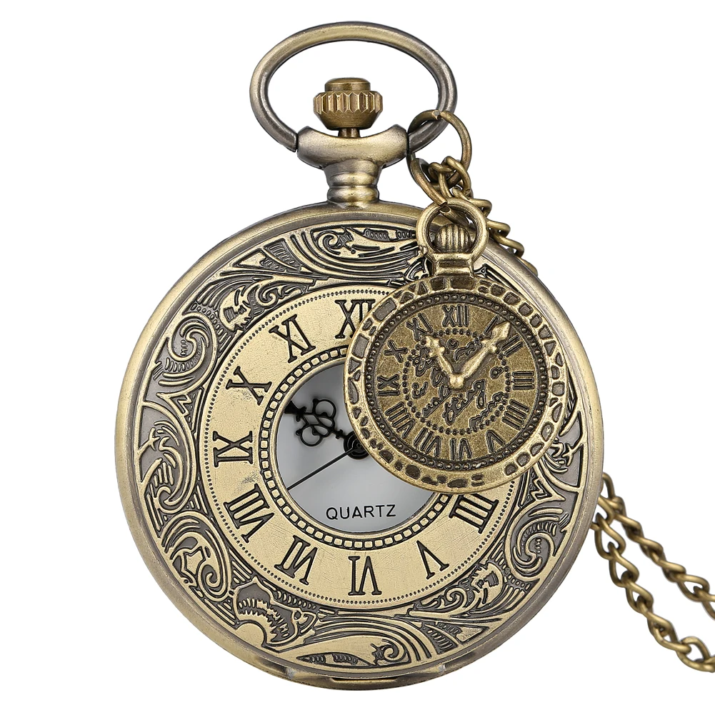 

Roman Numerals Half Hunter Necklace Pocket Watch Quartz Movement with Accessory Pendant Chain Pocket Clock Vintage Gift Unisex