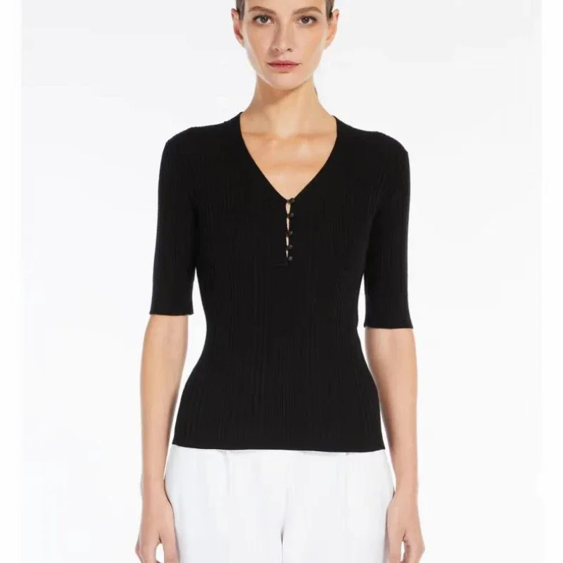 

Early Spring Slimming V-neck Wool Blend Solid Color Mid-sleeve Slim Knitted Sweater Base Layer Women Top