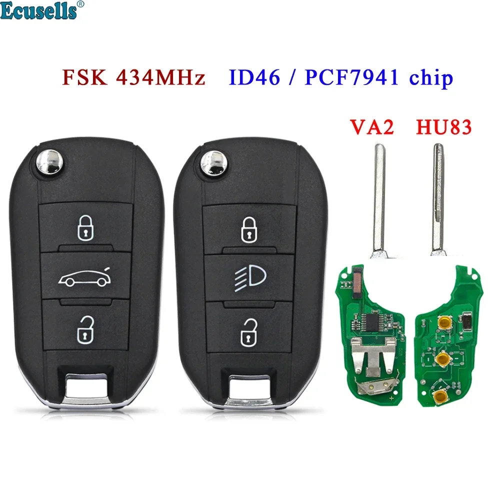 

3 кнопки Автомобильный Дистанционный ключ 434 МГц ID46 PCF7941 чип для Peugeot 208 2008 301 308 Citroen C-Elysee C4-Cactus HU83 / VA2 Blade