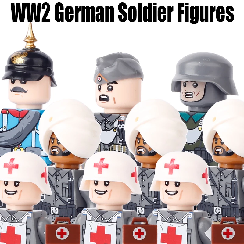 

WW2 German Military Soldier Figures Building Blocks WW1 Medical Corps Indian Army Infantry Official Warrior Weapons Bricks Toys
