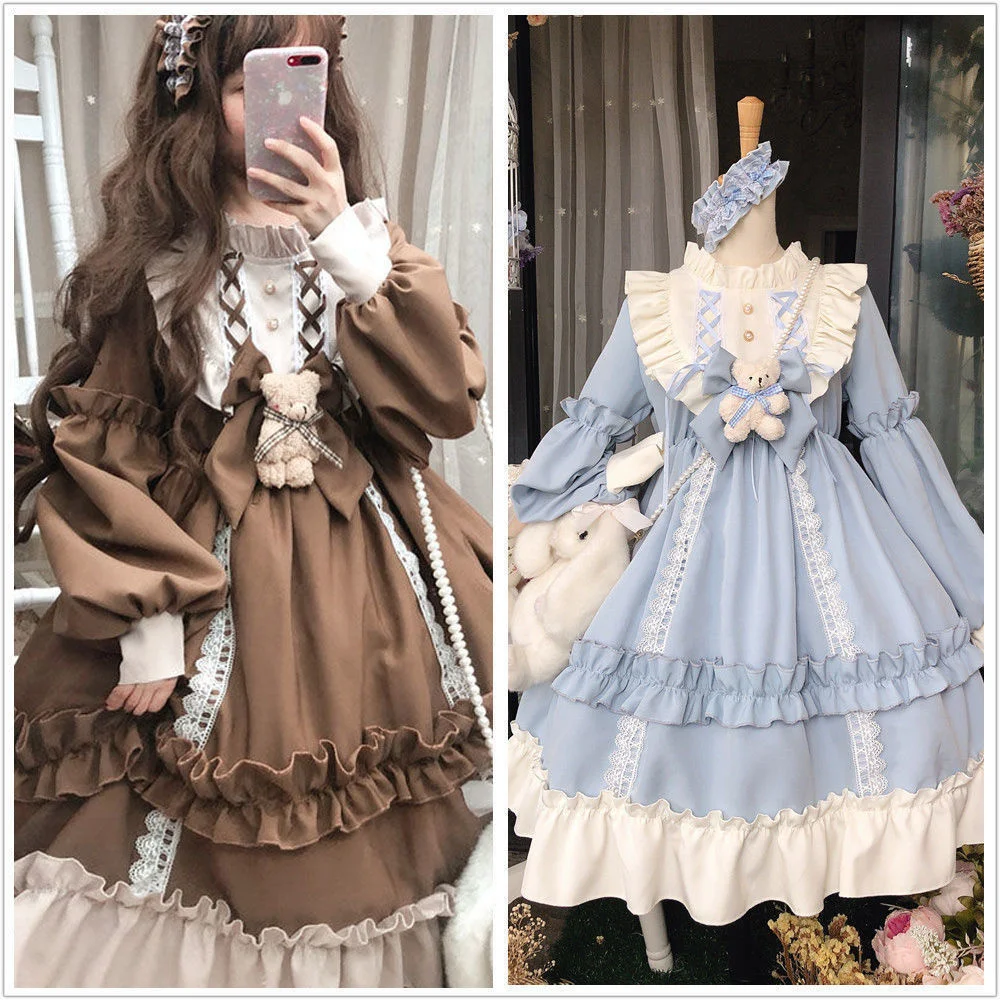 

New Women Lolita OP Dress Flouncing Lace Trim Japanese Harajuku Long Sleeves Doll Teen Dress Fairy Vestidos