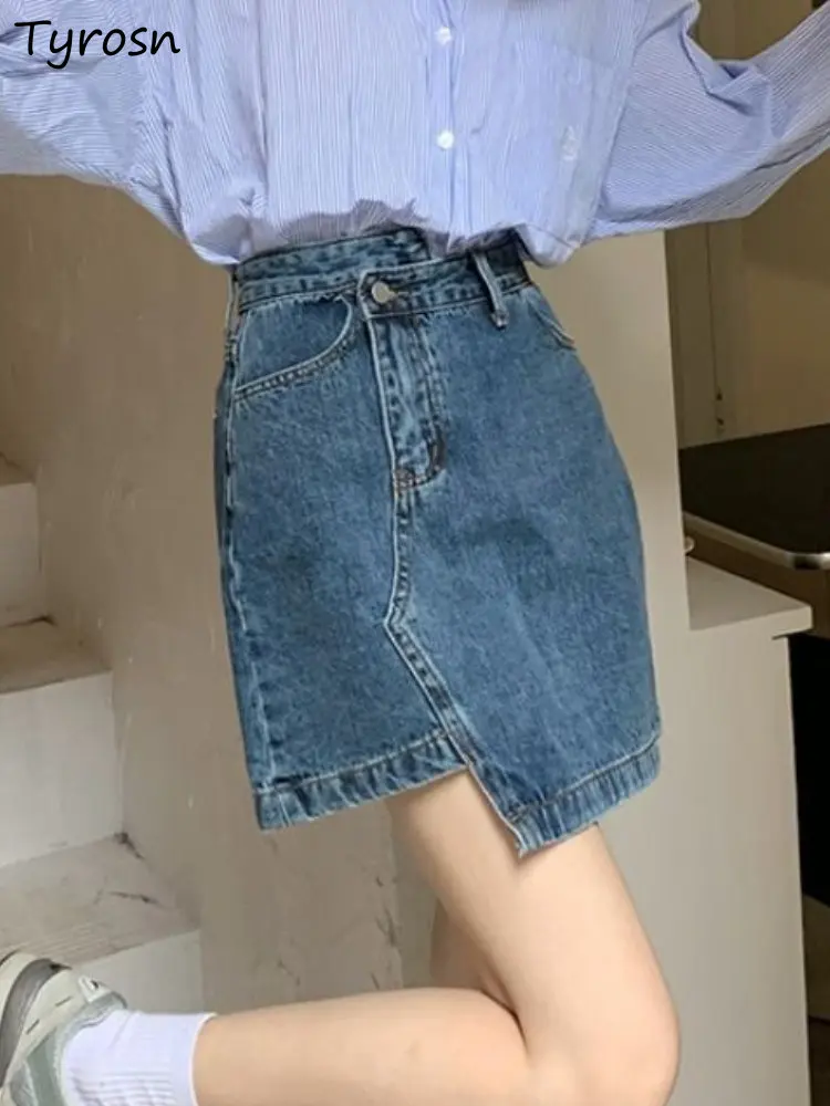 

Mini Denim Skirts Women Design Sweet Fashion Asymmetrical Daily Empire Summer Leisure Simple Solid All-match Korean Style Tender