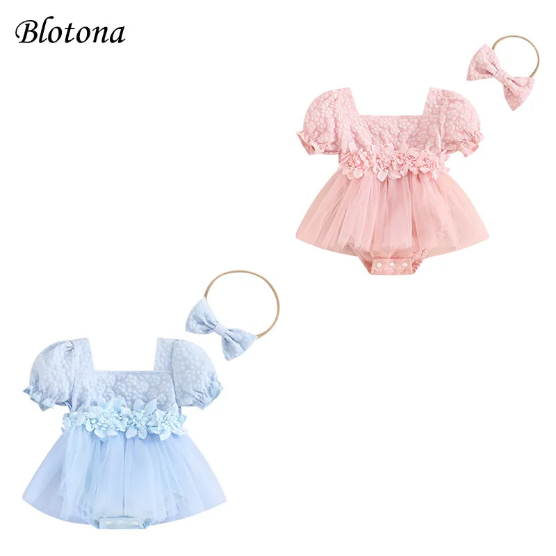 

Blotona Infant Baby Girls Summer Romper Dress with Bow Headband 3D Flower Short Puff Sleeve Square Neck Tulle Jumpsuit 0-18M