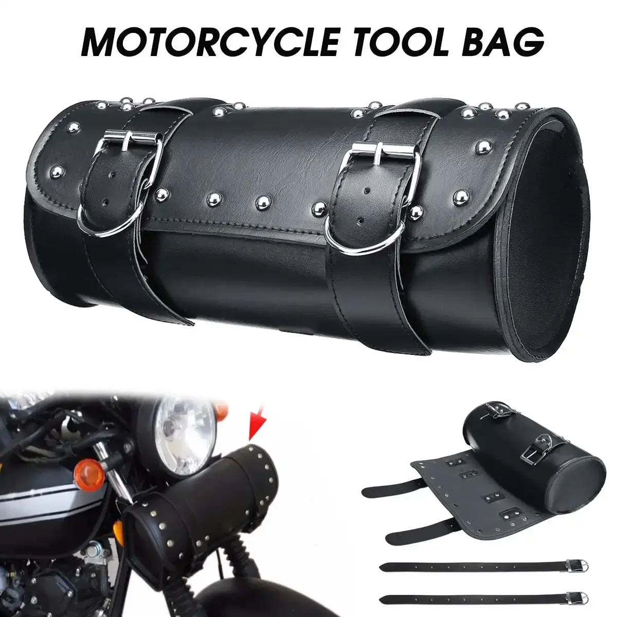 

Motorcycle Tool Bag Universal Saddlebag Roll Barrel Racing Black Front Fork Handlebar Tail Barrel Storage