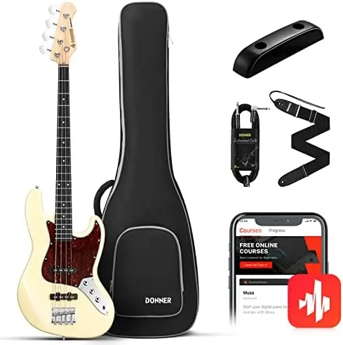 

Electric Bass Guitar 4 Strings Full-Size Standard Bass JB-Style Beginner Kit White for Starter with Free Lesson Gig Bag Guitar