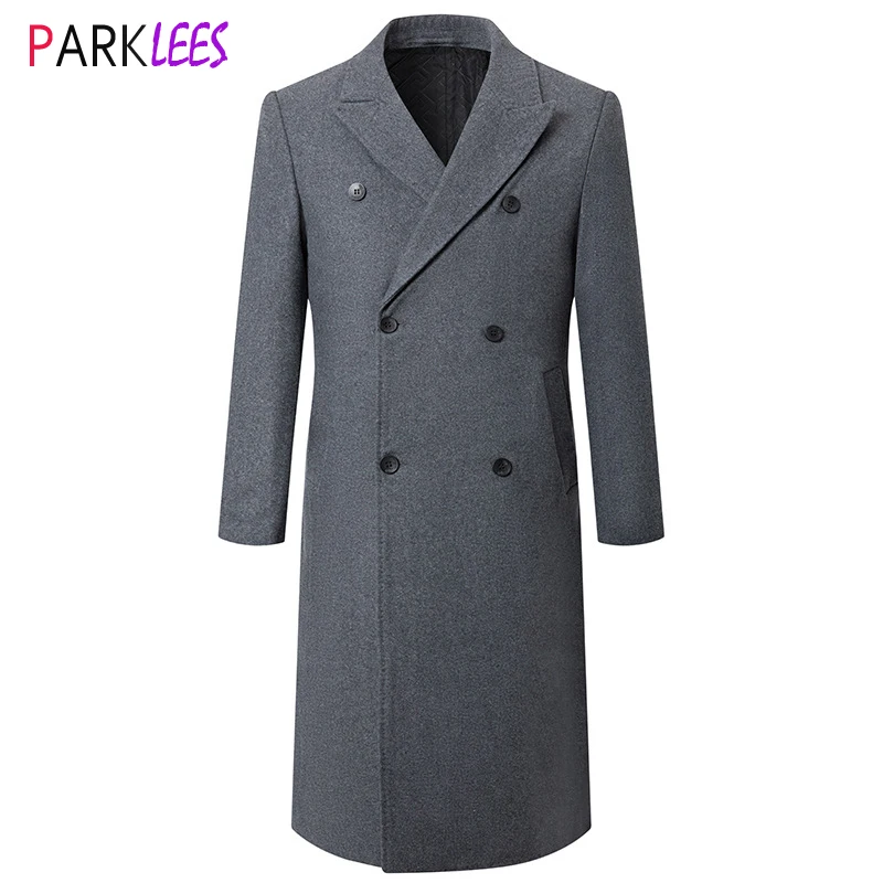 

Gray Extra Long Wool Trench Coat Men Winter Brand Double Breasted Wool&Blends Cashmere Coat Windbreaker Quilted Cotton Lining